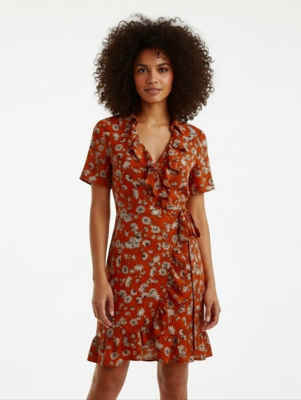 Topshop Orange- Red Floral Daisy Ruffle Wrap Dress Mini Short Sleeve Boho Sz8